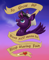 Size: 1516x1855 | Tagged: safe, artist:confetticakez, oc, oc only, species:pegasus, species:pony, g4, banner, blushing, fluffy, heart, looking up, motivational, old banner, open mouth, positive ponies, smiling, smoking, solo, spread wings, wing fluff, wings