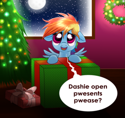Size: 1035x982 | Tagged: safe, artist:confetticakez, character:rainbow dash, species:pegasus, species:pony, g4, baby talk, christmas, christmas tree, cute, dashabetes, filly, filly rainbow dash, floppy ears, hnnng, looking at you, night, present, solo, tree