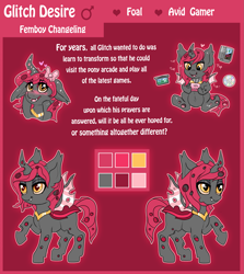 Size: 1783x2000 | Tagged: safe, artist:confetticakez, oc, oc only, oc:glitch desire, species:changeling, species:pony, g4, changeling oc, colt, foal, games, male, pink changeling, reference sheet