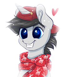 Size: 1178x1221 | Tagged: safe, artist:confetticakez, oc, oc only, species:pony, species:unicorn, g4, clothing, hat, scarf, simple background, smiling, solo, white background