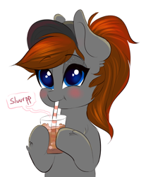 Size: 1108x1237 | Tagged: safe, artist:confetticakez, oc, oc only, species:earth pony, species:pony, g4, chocolate, chocolate milk, clothing, drinking glass, drinking straw, hat, hoof hold, milk, puffy cheeks, simple background, solo, straw, white background