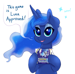 Size: 1335x1321 | Tagged: safe, artist:confetticakez, character:princess luna, species:alicorn, species:pony, g4, approved, crossover, dialogue, holding, looking at you, pokémon, pokémon moon, simple background, solo, speech bubble, wow