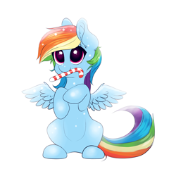Size: 2000x2000 | Tagged: safe, artist:confetticakez, character:rainbow dash, species:pegasus, species:pony, g4, candy, candy cane, cute, dashabetes, food, mouth hold, pumkinroll is trying to murder us, simple background, solo, white background