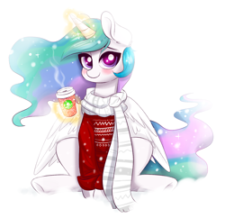 Size: 1314x1273 | Tagged: safe, artist:confetticakez, character:princess celestia, species:alicorn, species:pony, g4, clothing, coffee cup, cup, cute, cutelestia, looking at you, magic, scarf, simple background, smiling, solo, sweater, telekinesis, white background