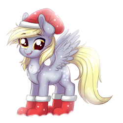 Size: 1001x1000 | Tagged: safe, artist:confetticakez, character:derpy hooves, species:pegasus, species:pony, g4, chest fluff, clothing, cute, derpabetes, female, hat, mare, santa hat, snow, snowfall, solo