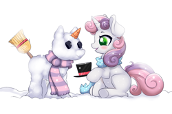 Size: 1500x1000 | Tagged: safe, artist:confetticakez, character:sweetie belle, species:pony, species:unicorn, g4, blushing, broom, carrot, clothing, cute, food, hat, open mouth, scarf, simple background, sitting, smiling, snow, snowpony, solo, top hat, underhoof, white background