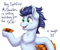 Size: 1109x914 | Tagged: safe, artist:confetticakez, character:soarin', species:pony, g4, adorkable, chest fluff, cute, dialogue, dork, implied spitfire, mcdonald's, pie, soarinbetes, solo, that pony sure does love pies, this will end in weight gain