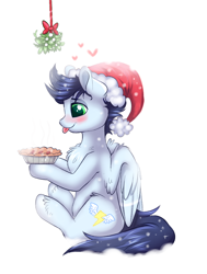 Size: 756x1000 | Tagged: safe, artist:confetticakez, character:soarin', species:pony, g4, blushing, clothing, hat, heart, mistletoe, old cutie mark, pie, santa hat, simple background, sitting, solo, that pony sure does love pies, tongue out, unshorn fetlocks