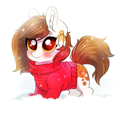 Size: 1481x1458 | Tagged: safe, artist:confetticakez, oc, oc only, oc:raven sun, species:earth pony, species:pony, g4, blushing, clothing, female, mare, snow, solo, sweater