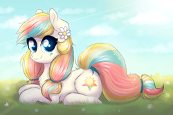 Size: 1286x857 | Tagged: safe, artist:confetticakez, oc, oc only, oc:lux, species:earth pony, species:pony, g4, cute, female, field, looking at you, mare, ocbetes, solo, sweet dreams fuel