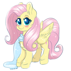 Size: 1393x1398 | Tagged: safe, artist:confetticakez, character:fluttershy, species:pegasus, species:pony, g4, blush sticker, blushing, chest fluff, clothing, cute, ear fluff, looking at you, scarf, shyabetes, simple background, smiling, solo, unshorn fetlocks, white background