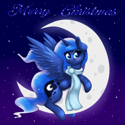 Size: 2000x2000 | Tagged: safe, artist:confetticakez, character:princess luna, species:alicorn, species:pony, g4, blushing, clothing, crescent moon, cute, looking at you, lunabetes, merry christmas, moon, night, scarf, smiling, solo, spread wings, stars, tangible heavenly object, transparent moon, wings