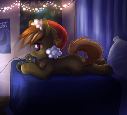 Size: 2000x1800 | Tagged: safe, artist:confetticakez, character:button mash, species:pony, g4, bed, christmas lights, clothing, controller, hat, poster, santa hat, solo, video game
