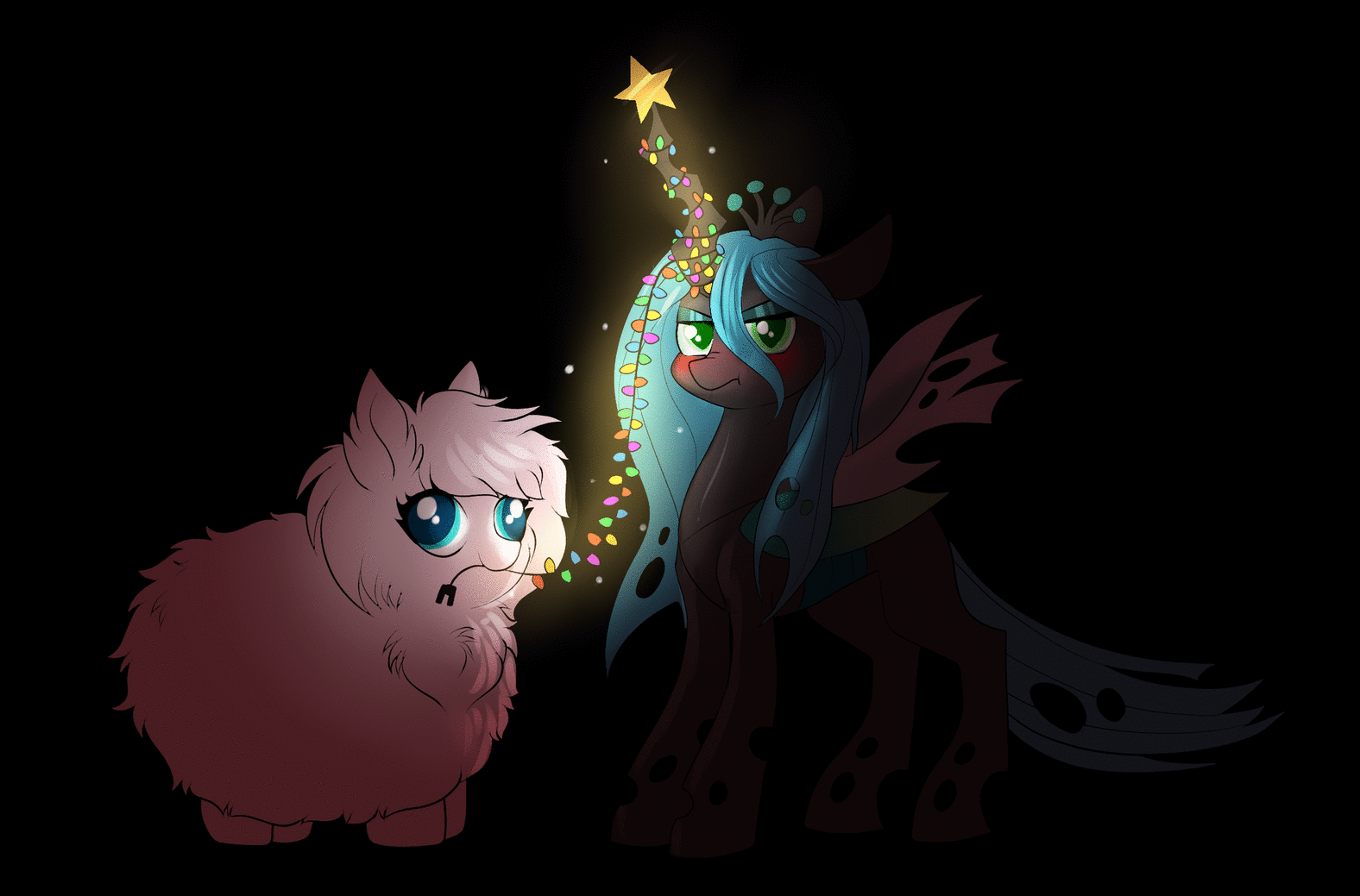 Size: 1576x1039 | Tagged: safe, artist:confetticakez, character:queen chrysalis, oc, oc:fluffle puff, species:changeling, species:pony, g4, angry, animated, annoyed, black background, blushing, canon x oc, changeling queen, christmas lights, chrysipuff, cute, cutealis, female, flufflebetes, gif, lesbian, looking at you, madorable, ocbetes, queen chrysalis is not amused, shipping, simple background, unamused