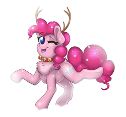 Size: 1680x1568 | Tagged: safe, artist:confetticakez, character:pinkie pie, species:deer, species:reindeer, g4, bells, chest fluff, collar, one eye closed, simple background, solo, white background, wink