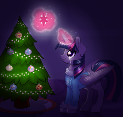 Size: 1000x949 | Tagged: safe, artist:confetticakez, character:twilight sparkle, character:twilight sparkle (alicorn), species:alicorn, species:pony, g4, christmas tree, clothing, crying, decorating, glowing horn, magic, solo, sweater, tree