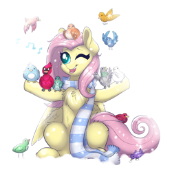 Size: 1000x1000 | Tagged: safe, artist:confetticakez, character:fluttershy, species:bird, g4, chest fluff, clothing, cute, music notes, one eye closed, open mouth, scarf, shyabetes, singing, snow, winter