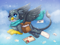 Size: 2000x1500 | Tagged: safe, artist:confetticakez, character:gabby, species:griffon, g4, clothing, cute, flying, gabbybetes, looking at you, mail, mailbag, scarf, snow, solo, spread wings, wings, winter