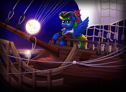 Size: 1920x1400 | Tagged: safe, artist:confetticakez, oc, oc only, species:pegasus, species:pony, g4, clothing, full moon, glasses, hat, mast, moon, night, open mouth, pirate, pirate hat, pirate ship, smiling, solo