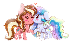 Size: 1530x929 | Tagged: safe, artist:confetticakez, oc, oc only, species:pegasus, species:pony, species:unicorn, g4, blushing, chibi, cute, female, heart, holding hooves, lesbian, looking at each other, mare, oc x oc, ocbetes, raised hoof, shipping, simple background, snow, snowfall, white background