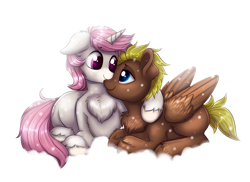 Size: 1920x1400 | Tagged: safe, artist:confetticakez, oc, oc only, species:pegasus, species:pony, species:unicorn, g4, chest fluff, cuddling, cute, duo, looking at each other, ocbetes, smiling, snow, snowfall, snuggling