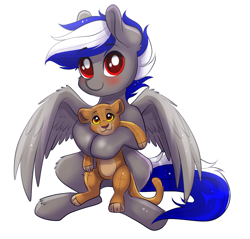 Size: 1330x1273 | Tagged: safe, artist:confetticakez, oc, oc only, oc:bassy, species:pegasus, species:pony, g4, blushing, cute, kiara, lioness, looking at you, male, ocbetes, plushie, sitting, smiling, solo, stallion, the lion king