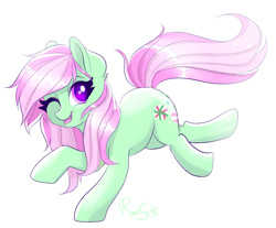 Size: 941x778 | Tagged: safe, artist:confetticakez, character:minty, species:earth pony, species:pony, g3, g3 to g4, generation leap, one eye closed, simple background, solo, white background, wink