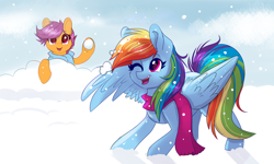 Size: 5338x3205 | Tagged: safe, artist:confetticakez, character:rainbow dash, character:scootaloo, species:pegasus, species:pony, g4, absurd resolution, clothing, cute, cutealoo, dashabetes, duo, one eye closed, open mouth, playing, scarf, scootalove, smiling, snow, snowball, snowball fight, snowfall, winter
