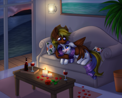 Size: 8000x6400 | Tagged: safe, artist:confetticakez, character:rarity, oc, species:pegasus, species:pony, g4, absurd resolution, blushing, candle, canon x oc, clothing, couch, floppy ears, flower, hat, hug, ocean, rose, rose petals, shipping, snuggling, table, twilight (astronomy), water, wine bottle, wine glass, winghug