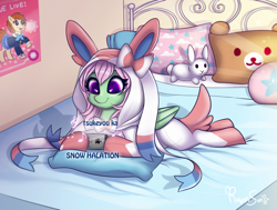 Size: 1927x1457 | Tagged: safe, artist:confetticakez, oc, oc only, oc:spectral wind, species:pegasus, species:pony, g4, bed, clothing, costume, crossover, female, mare, pokémon, solo, sylveon, video game