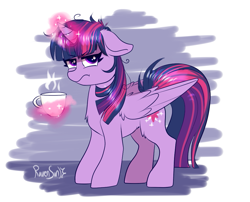 Size: 965x778 | Tagged: safe, artist:confetticakez, character:twilight sparkle, character:twilight sparkle (alicorn), species:alicorn, species:pony, g4, coffee, cup, glowing horn, grumpy, looking at you, magic, signature, simple background, solo, twilight is not amused, unamused