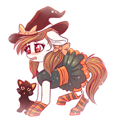 Size: 2354x2332 | Tagged: safe, artist:confetticakez, oc, oc only, oc:raven sun, species:earth pony, species:pony, g4, bow, cat, clothing, dress, hat, simple background, socks, solo, striped socks, white background, witch
