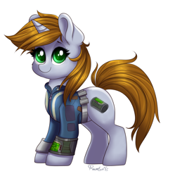 Size: 1920x1930 | Tagged: safe, artist:confetticakez, oc, oc only, oc:littlepip, species:pony, species:unicorn, fallout equestria, g4, clothing, cute, cutie mark, fanfic, fanfic art, female, hooves, horn, looking at you, mare, ocbetes, pipbuck, simple background, smiling, solo, vault suit, white background