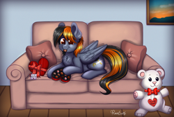 Size: 1879x1270 | Tagged: safe, artist:confetticakez, oc, oc only, species:pegasus, species:pony, g4, my little pony: friendship is magic, candy, chocolate, couch, food, hearts and hooves, solo
