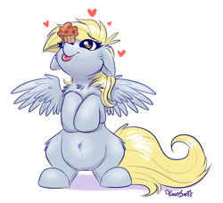 Size: 1638x1491 | Tagged: safe, artist:confetticakez, character:derpy hooves, species:pegasus, species:pony, g4, balancing, chest fluff, cute, derpabetes, female, floating heart, floppy ears, fluffy, food, heart, hnnng, muffin, ponies balancing stuff on their nose, pumkinroll is trying to murder us, simple background, smiling, solo, spread wings, tongue out, weapons-grade cute, white background, wings