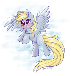 Size: 1634x1753 | Tagged: safe, artist:confetticakez, character:derpy hooves, species:pegasus, species:pony, g4, blushing, chest fluff, cute, female, flying, mare, raised hoof, smiling, solo, spread wings, wings