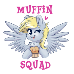 Size: 1567x1576 | Tagged: safe, artist:confetticakez, character:derpy hooves, species:pegasus, species:pony, g4, chest fluff, cute, ear fluff, female, food, heart, looking at you, mare, muffin, one eye closed, open mouth, simple background, smiling, solo, spread wings, that pony sure does love muffins, white background, wings, wink