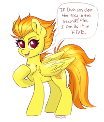 Size: 1314x1529 | Tagged: safe, artist:confetticakez, character:spitfire, species:pegasus, species:pony, g4, 10 seconds flat, bragging, chest fluff, dialogue, simple background, solo, speech bubble, white background