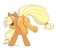 Size: 1822x1497 | Tagged: safe, artist:confetticakez, character:applejack, species:earth pony, species:pony, g4, applebutt, applejack's hat, bucking, butt, clothing, cowboy hat, dock, female, frog (hoof), hat, looking at you, looking back, plot, signature, simple background, smiling, solo, stetson, underhoof, white background