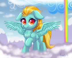 Size: 893x720 | Tagged: safe, artist:confetticakez, character:lightning dust, species:pegasus, species:pony, g4, cloud, female, floppy ears, looking at you, mare, rainbow waterfall, solo, spread wings, wings