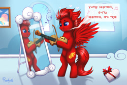 Size: 1500x1000 | Tagged: safe, artist:confetticakez, oc, oc only, species:pegasus, species:pony, g4, bipedal, bow (instrument), james blunt, male, mirror, reflection, solo, stallion, violin, violin bow