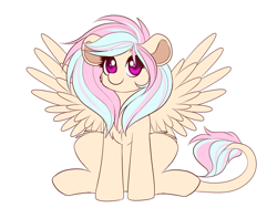 Size: 1133x853 | Tagged: safe, artist:confetticakez, oc, oc only, oc:bluebelle, species:hippogriff, species:pony, g4, cute, female, hybrid, looking at you, mare, ocbetes, simple background, sitting, smiling, solo, spread wings, white background, wings