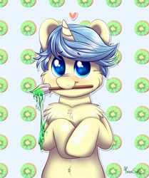 Size: 785x937 | Tagged: safe, artist:confetticakez, oc, oc only, species:pony, species:unicorn, g4, belly button, chest fluff, kiwi fruit, male, mouth hold, paint, paintbrush, solo, stallion
