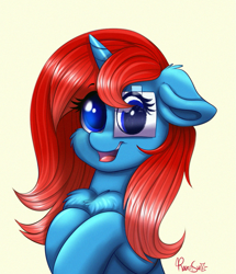 Size: 859x1000 | Tagged: safe, artist:confetticakez, oc, oc only, species:pony, species:unicorn, g4, blue eyes, cheek fluff, chest fluff, commission, cute, derp, female, floppy ears, looking at you, mare, ocbetes, open mouth, paper, red hair, simple background, smiling, solo, yellow background