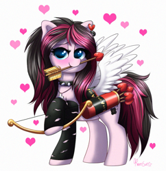 Size: 873x902 | Tagged: safe, artist:confetticakez, oc, oc only, species:earth pony, species:pony, g4, arrow, bow (weapon), bow and arrow, cupid, fake wings, female, heart, lidded eyes, mare, mouth hold, quiver, raised hoof, simple background, solo, weapon, white background