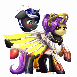 Size: 2000x2000 | Tagged: safe, artist:confetticakez, oc, species:pony, species:unicorn, g4, artificial wings, augmented, biohacking, blushing, crossover, female, heart, male, mechanical wing, medic, medigun, mercy, oc x oc, overwatch, ponified, shipping, straight, team fortress 2, wings