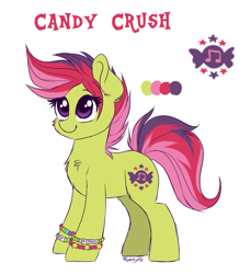 Size: 961x1050 | Tagged: safe, artist:confetticakez, oc, oc only, oc:candy crush, species:earth pony, species:pony, g4, female, kandi, mare, raver, reference sheet, simple background, solo, white background