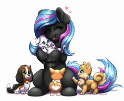 Size: 1038x841 | Tagged: safe, artist:confetticakez, oc, oc only, oc:scribbler, species:earth pony, species:pony, g4, commission, cute, eyes closed, female, heart, hnnng, hug, mare, multicolored hair, ocbetes, open mouth, puppy, simple background, sitting, smiling, white background