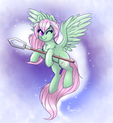Size: 878x961 | Tagged: safe, artist:confetticakez, oc, oc only, oc:spectral wind, species:pegasus, species:pony, g4, chest fluff, cute, flying, looking at you, one eye closed, smiling, solo, spear, spread wings, weapon, wings, wink