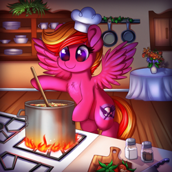 Size: 1000x1000 | Tagged: safe, artist:confetticakez, oc, oc only, oc:samantha shine, species:pegasus, species:pony, g4, commission, cooking, cute, female, filly, flying, food, kitchen, ocbetes, pan, pepper, pot, salt, smiling, solo, table